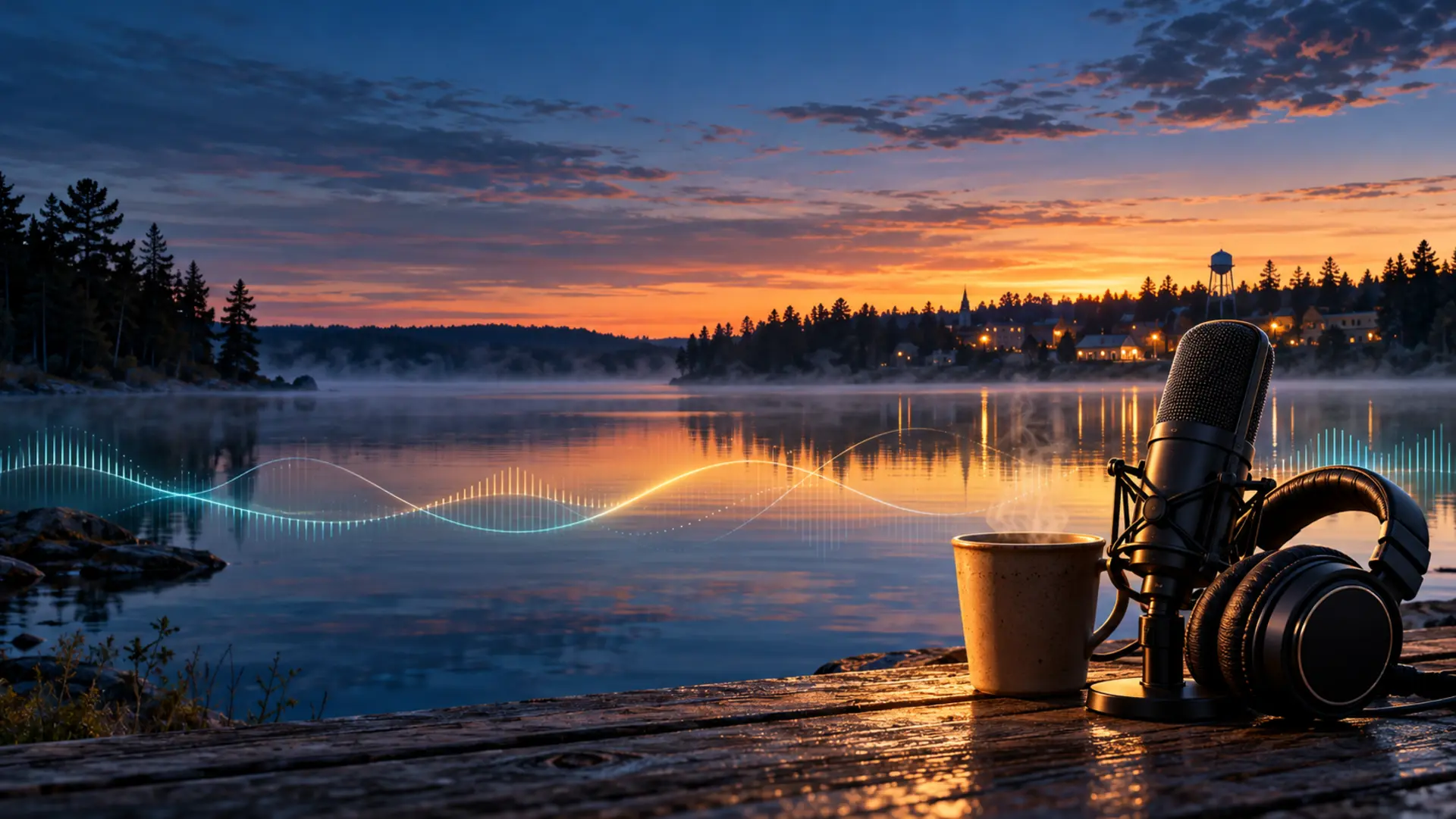 Northern Minnesota lake at sunrise with a studio microphone, headphones, coffee, and a glowing sound wave